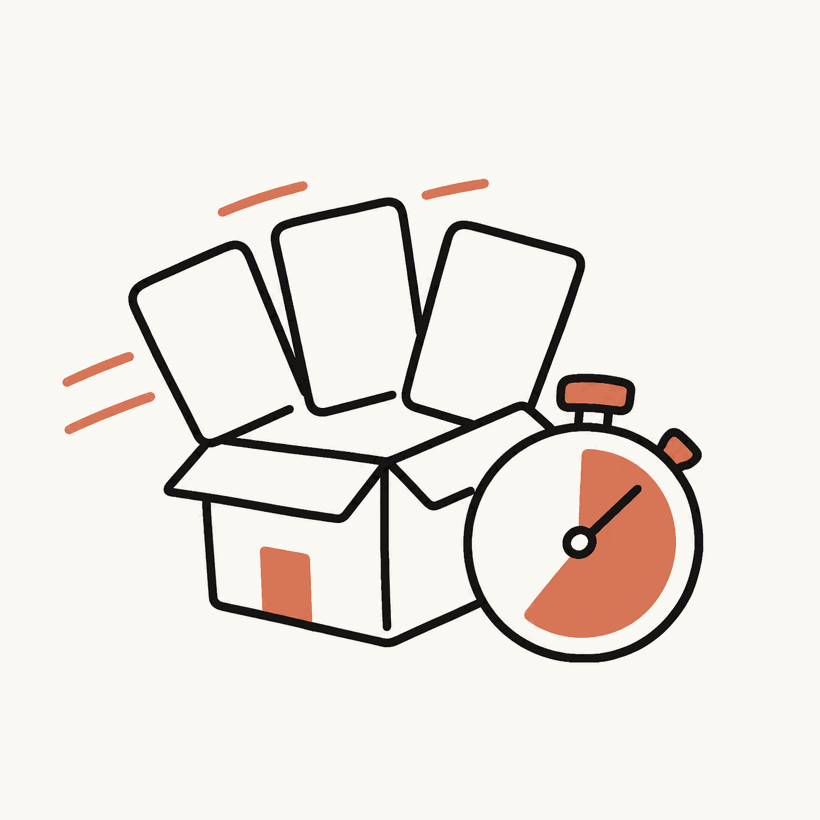 A shipping box opens into three ad cards beside a stopwatch